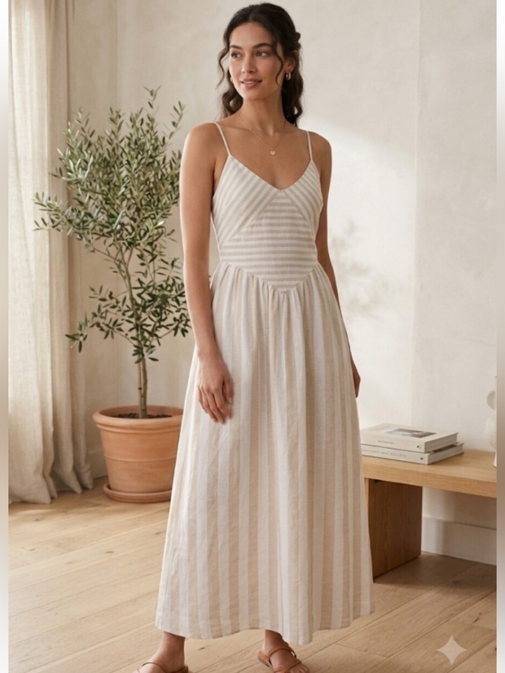 NWT Torn by Ronny Kobo Beige White Striped Melinda Dress M Linen Blend